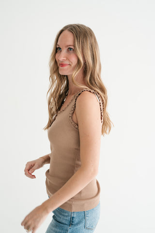 Night Sky Ribbed Ruffle Henley Tank Top - Mocha