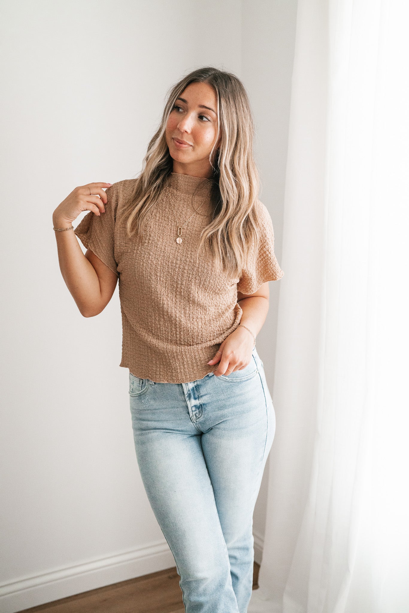 Marie Textured Mock Neck Top - Latte