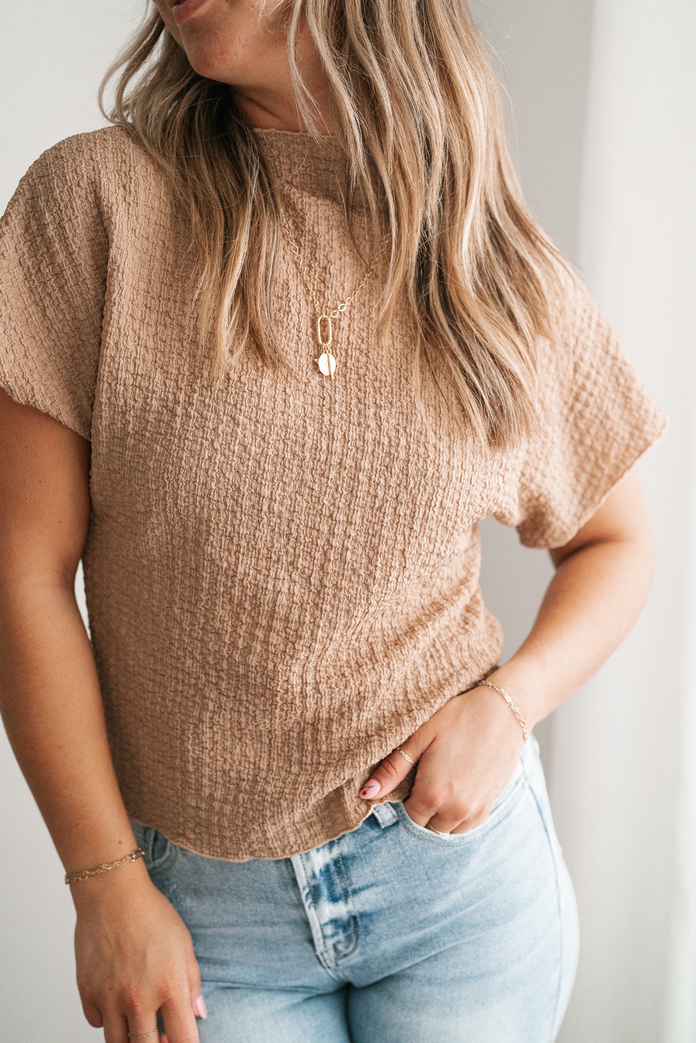 Marie Textured Mock Neck Top - Latte