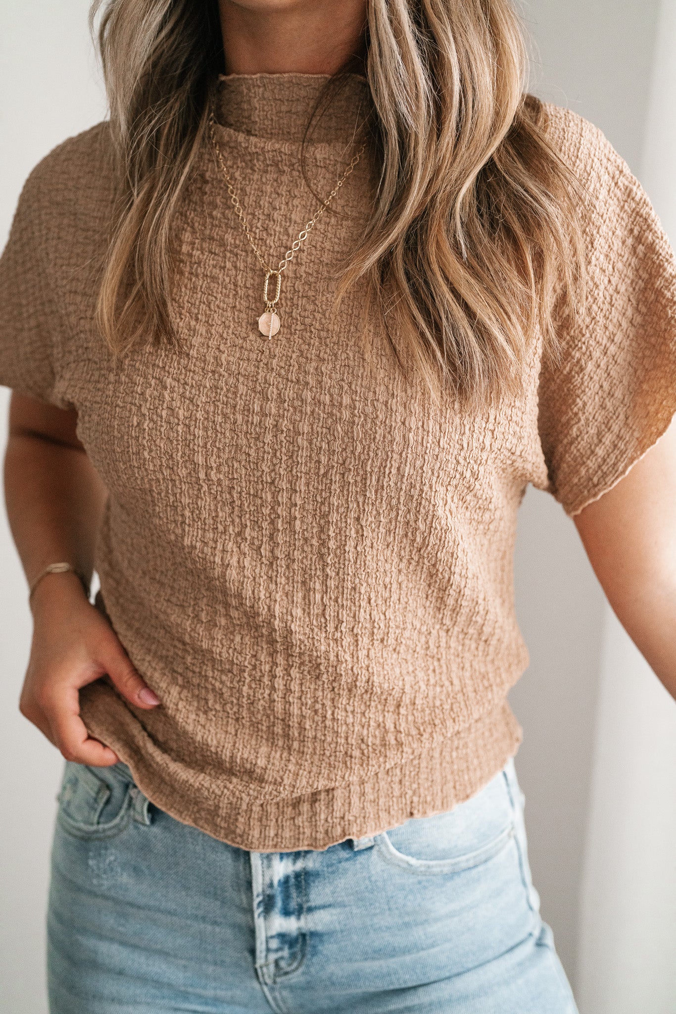 Marie Textured Mock Neck Top - Latte