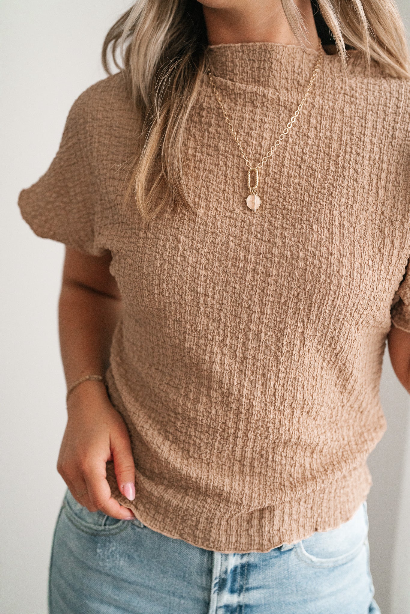 Marie Textured Mock Neck Top - Latte