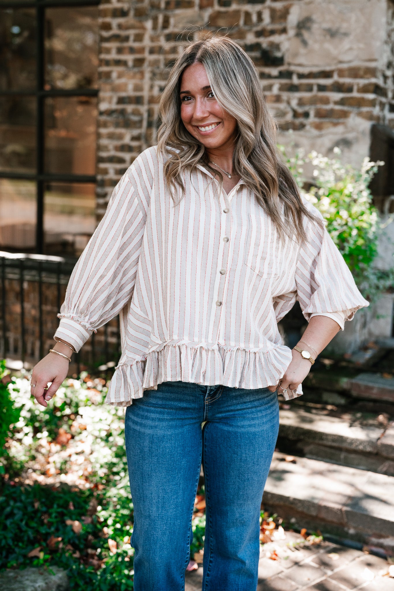 Heritage Stripe Ruffle Blouse