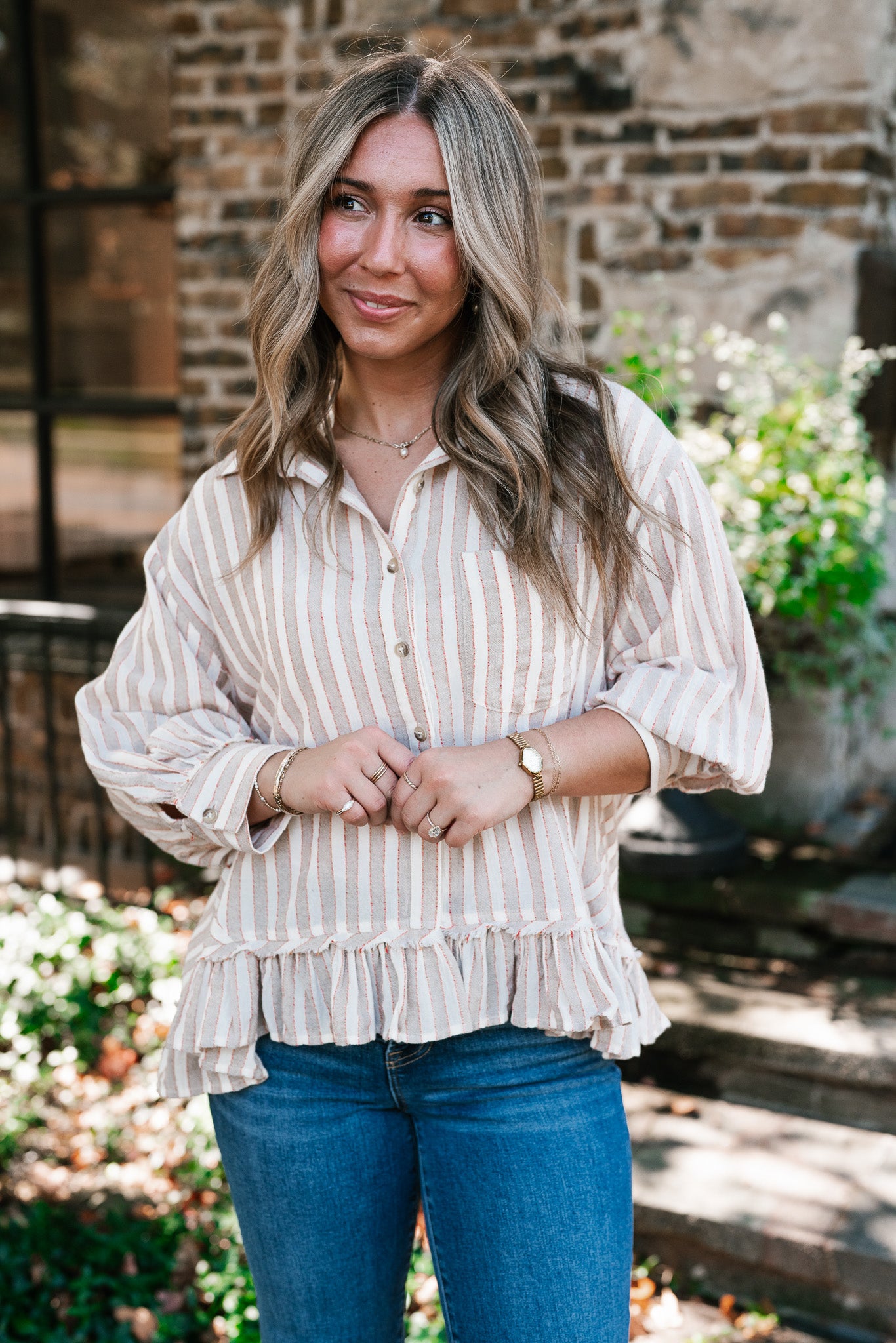 Heritage Stripe Ruffle Blouse