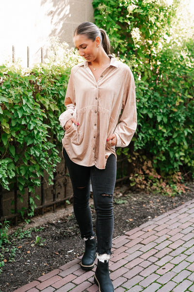Velvety Button Up Long Sleeve Top
