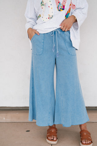 Can't Be Matched Mineral Wash Wide Leg Pants - Blue