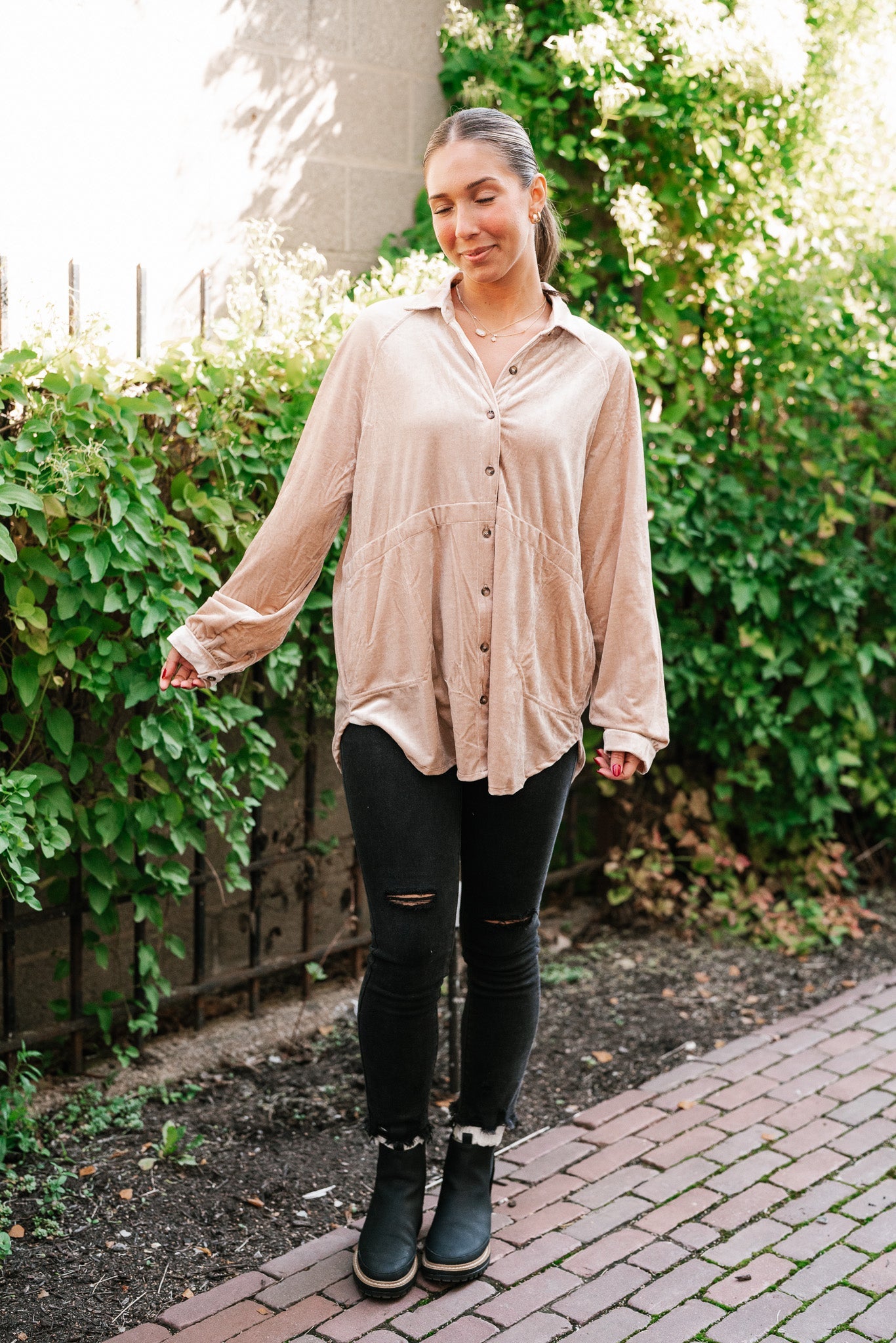 Velvety Button Up Long Sleeve Top