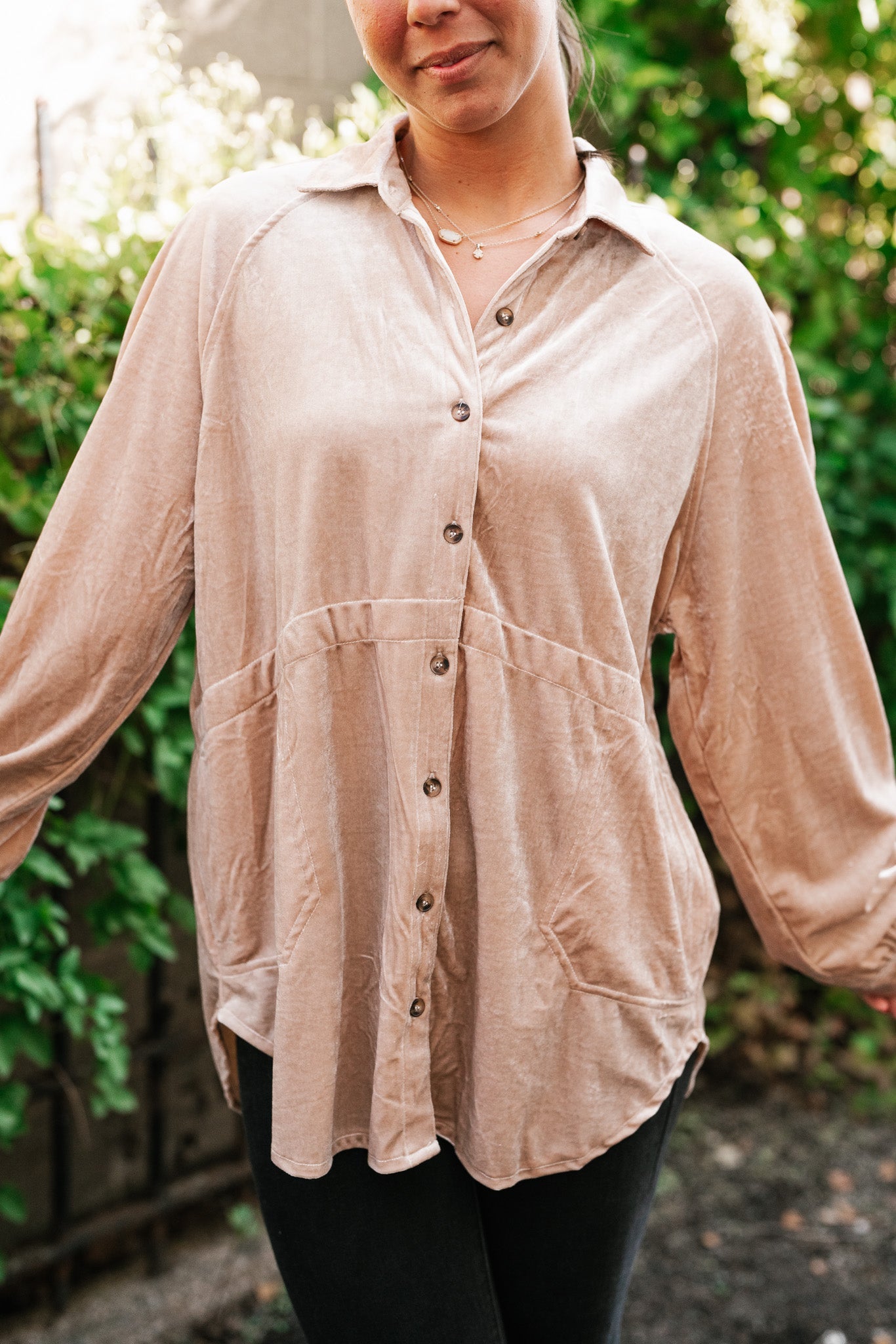 Velvety Button Up Long Sleeve Top