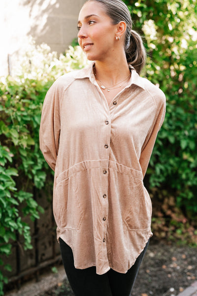 Velvety Button Up Long Sleeve Top
