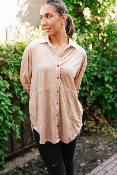 Velvety Button Up Long Sleeve Top