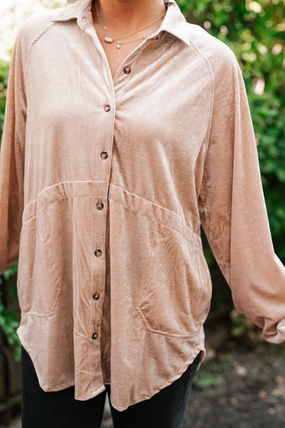 Velvety Button Up Long Sleeve Top