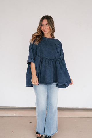 Dainty Eyelet Detailed Babydoll Top - Navy
