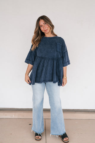 Dainty Eyelet Detailed Babydoll Top - Navy