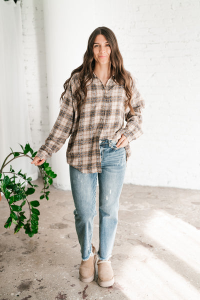 Feel The Warmth Flannel- Sand/Navy