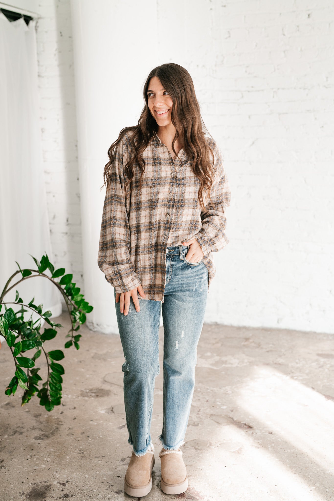 Feel The Warmth Flannel- Sand/Navy