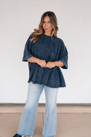 Dainty Eyelet Detailed Babydoll Top - Navy