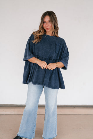 Dainty Eyelet Detailed Babydoll Top - Navy