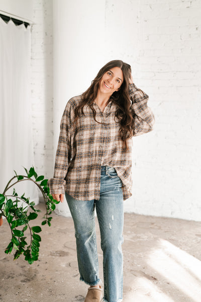 Feel The Warmth Flannel- Sand/Navy