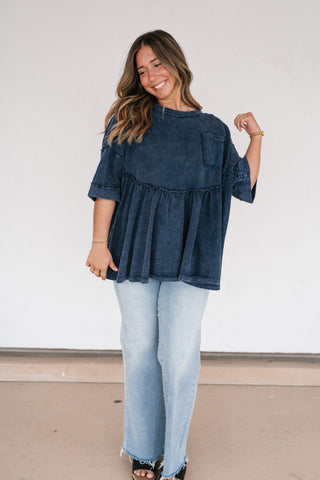 Dainty Eyelet Detailed Babydoll Top - Navy