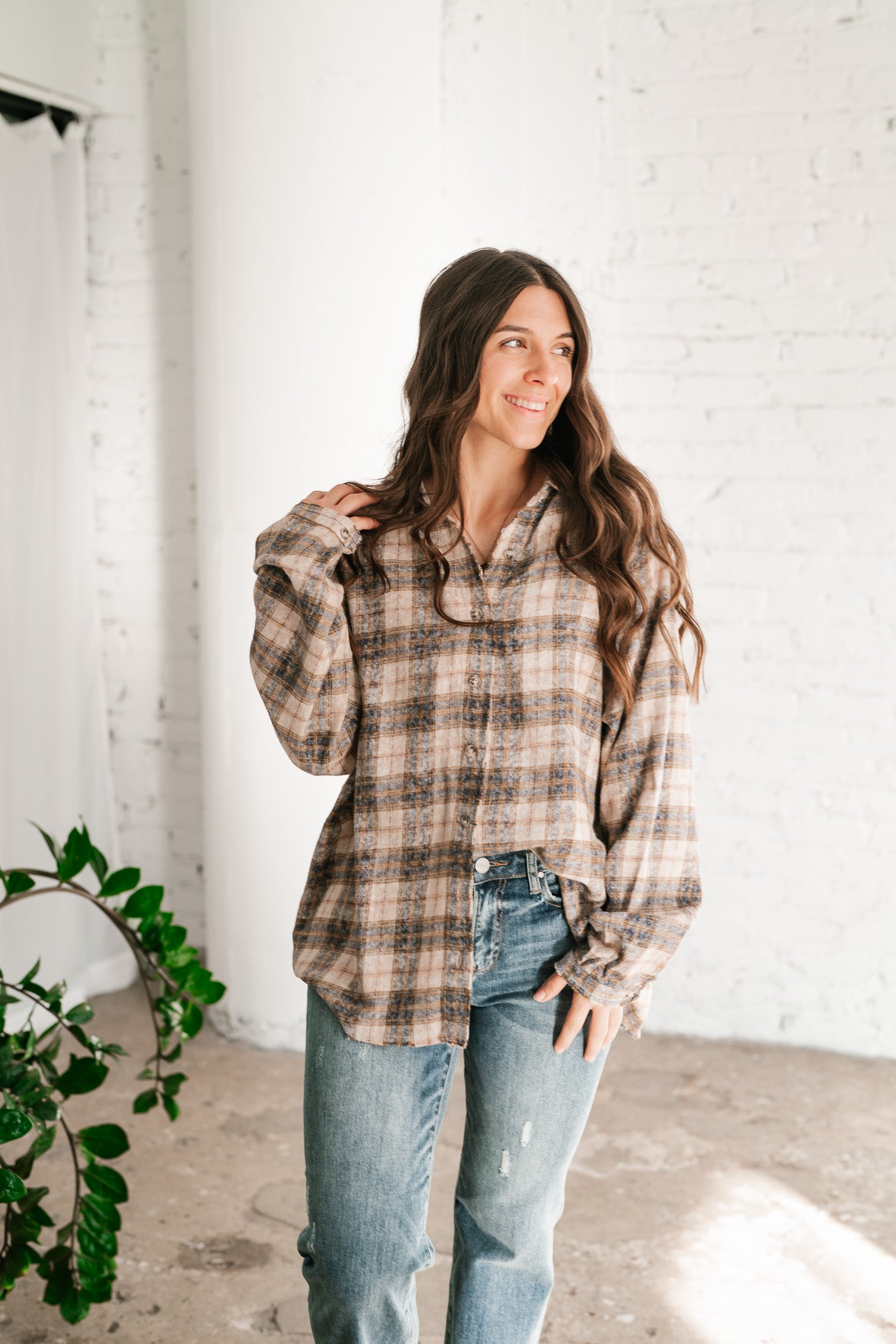 Feel The Warmth Flannel- Sand/Navy