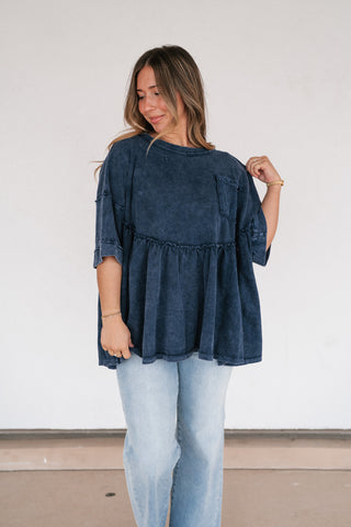 Dainty Eyelet Detailed Babydoll Top - Navy