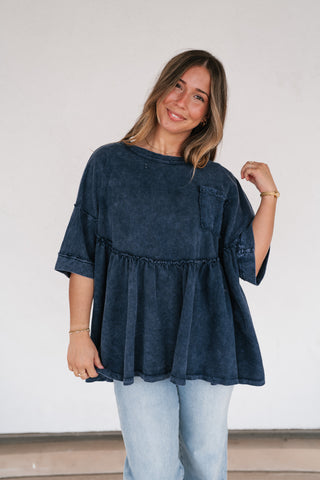 Dainty Eyelet Detailed Babydoll Top - Navy