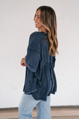 Dainty Eyelet Detailed Babydoll Top - Navy