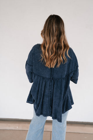 Dainty Eyelet Detailed Babydoll Top - Navy