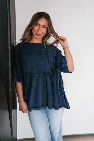 Dainty Eyelet Detailed Babydoll Top - Navy