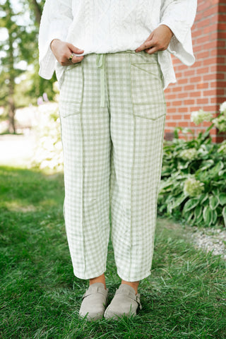 Main Street Gingham Barrel Pants - Sage