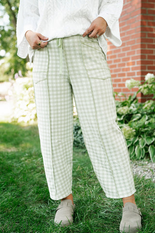 Main Street Gingham Barrel Pants - Sage