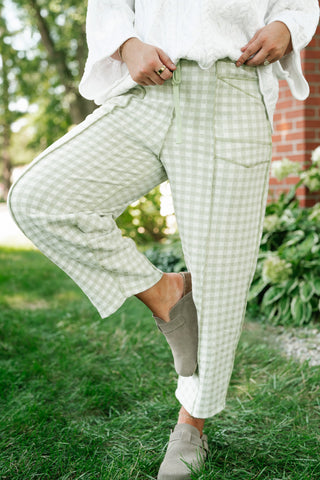 Main Street Gingham Barrel Pants - Sage