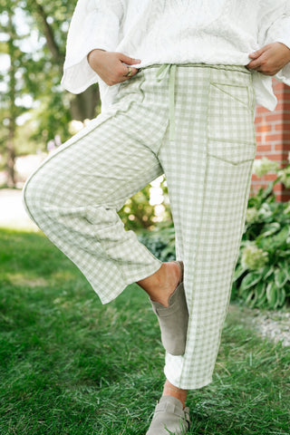 Main Street Gingham Barrel Pants - Sage