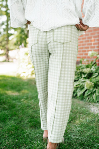 Main Street Gingham Barrel Pants - Sage