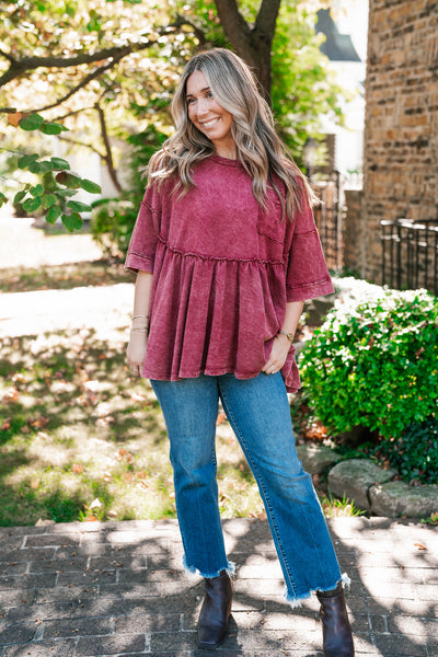 Dainty Eyelet Detailed Babydoll Top - Burgundy