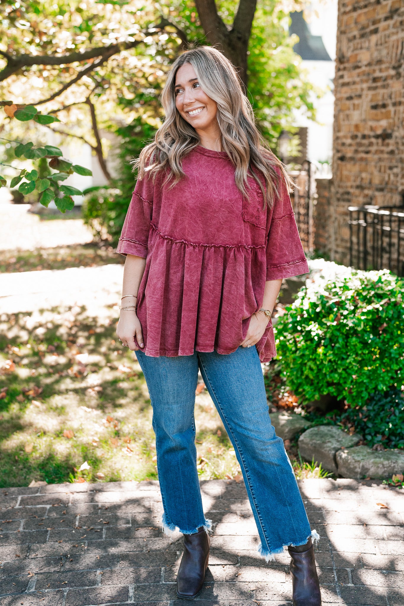 Dainty Eyelet Detailed Babydoll Top - Burgundy