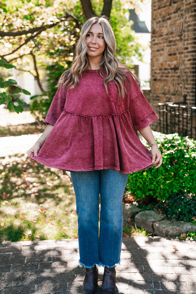 Dainty Eyelet Detailed Babydoll Top - Burgundy