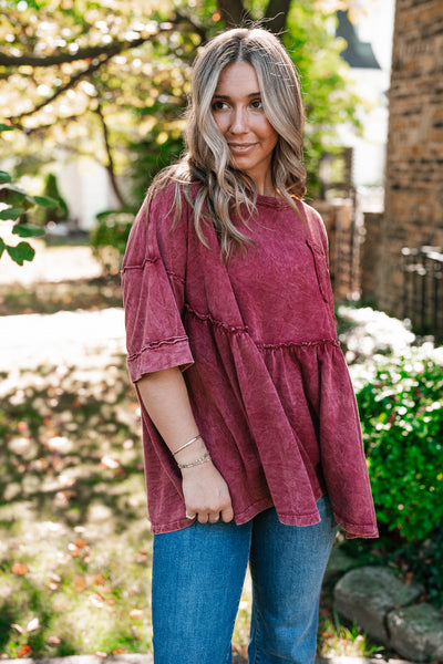 Dainty Eyelet Detailed Babydoll Top - Burgundy