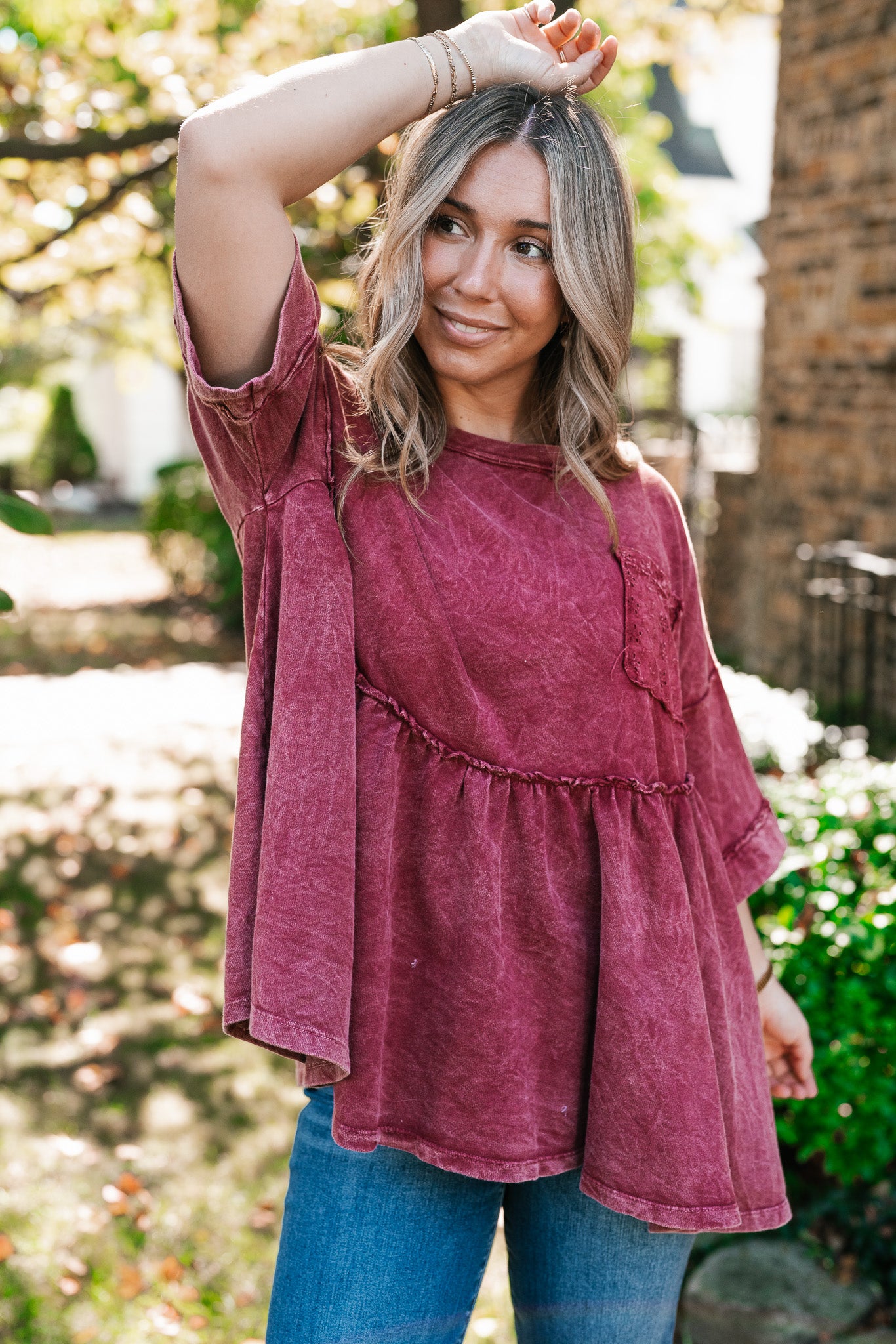 Dainty Eyelet Detailed Babydoll Top - Burgundy
