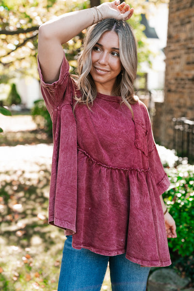 Dainty Eyelet Detailed Babydoll Top - Burgundy