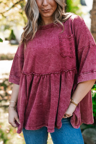 Dainty Eyelet Detailed Babydoll Top - Burgundy