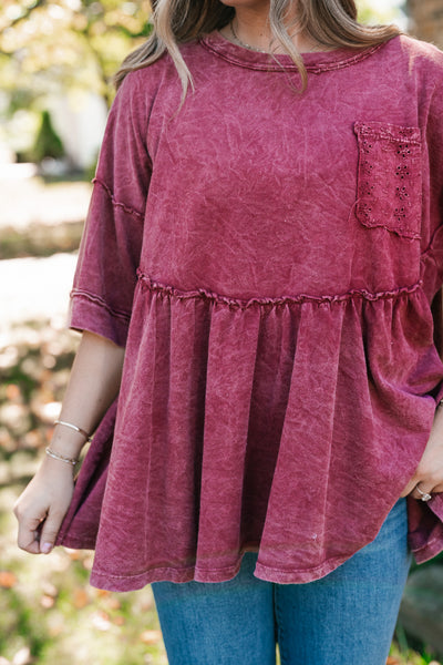 Dainty Eyelet Detailed Babydoll Top - Burgundy