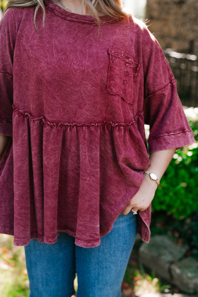 Dainty Eyelet Detailed Babydoll Top - Burgundy