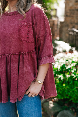 Dainty Eyelet Detailed Babydoll Top - Burgundy