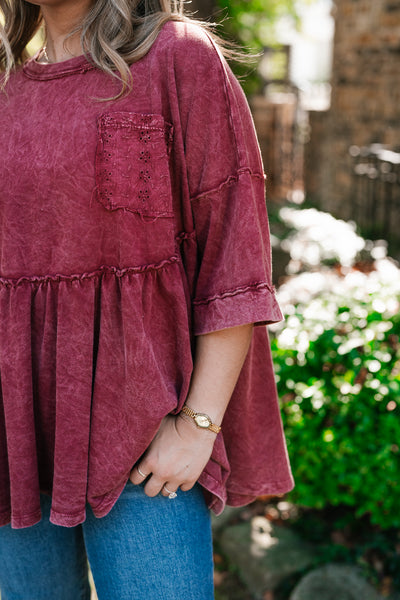 Dainty Eyelet Detailed Babydoll Top - Burgundy