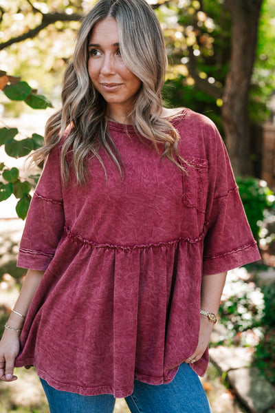 Dainty Eyelet Detailed Babydoll Top - Burgundy