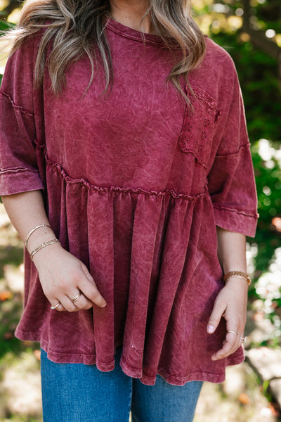 Dainty Eyelet Detailed Babydoll Top - Burgundy