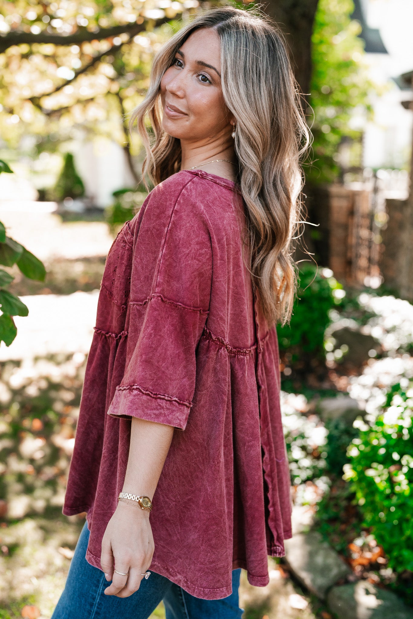 Dainty Eyelet Detailed Babydoll Top - Burgundy