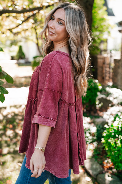Dainty Eyelet Detailed Babydoll Top - Burgundy