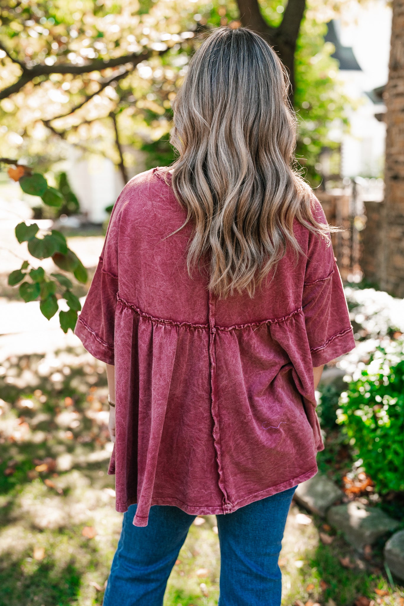 Dainty Eyelet Detailed Babydoll Top - Burgundy