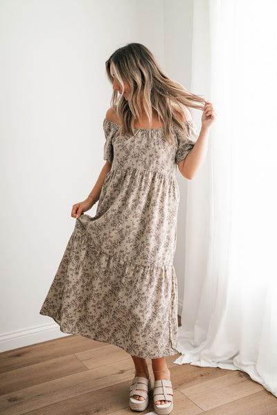 Another Love Floral Casual Midi Dress - Olive